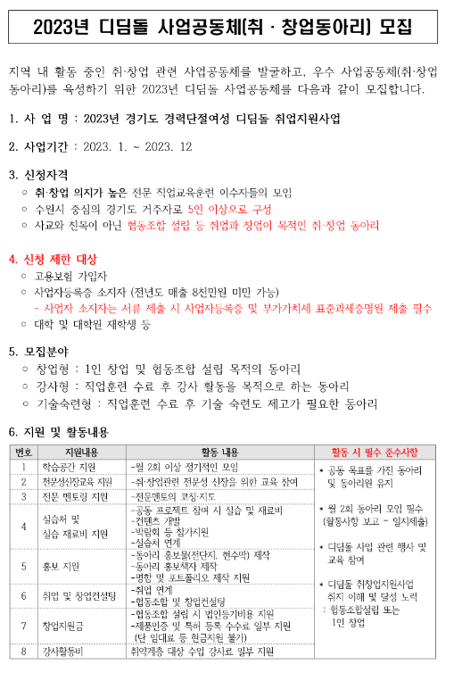 [경기] 수원시 2023년 디딤돌 사업공동체(취ㆍ창업동아리) 모집 공고(경력단절여성 디딤돌취업지원사업)