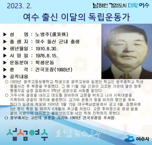  여수시, 지역 출신 이달의 독립운동가 돌산 군내 태생 ‘노병주 선생님’