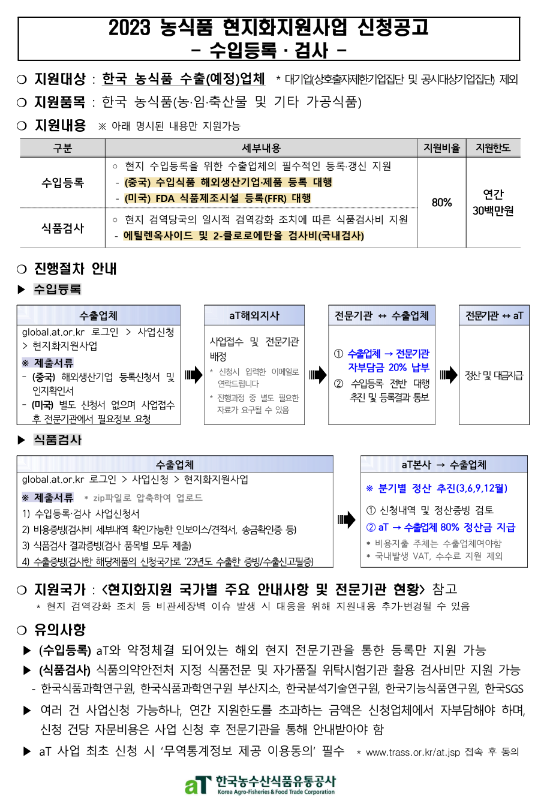 2023년 농식품 현지화지원사업(수입등록ㆍ검사) 신청 공고