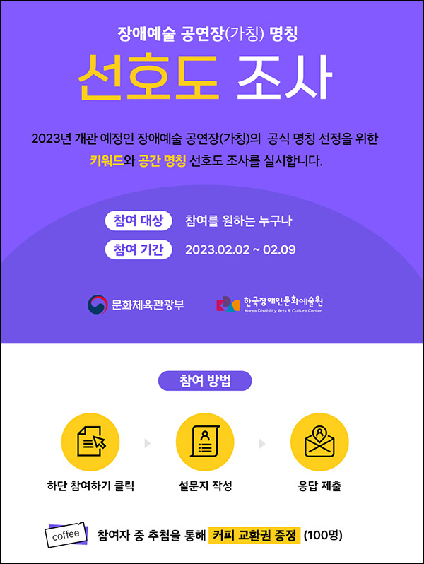 장애예술 공연장 명칭 선호도 설문조사(커피쿠폰 100명)추첨 장애예술 공연장 명칭 선호도 설문조사(커피쿠폰 100명)추첨