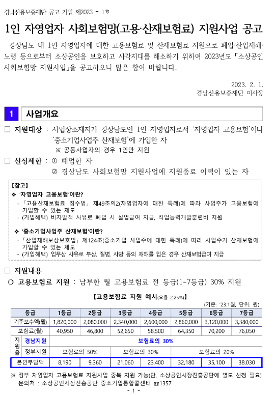 [경남] 2023년 소상공인(1인 자영업자) 사회보험망(고용ㆍ산재보험료) 지원사업 시행 공고