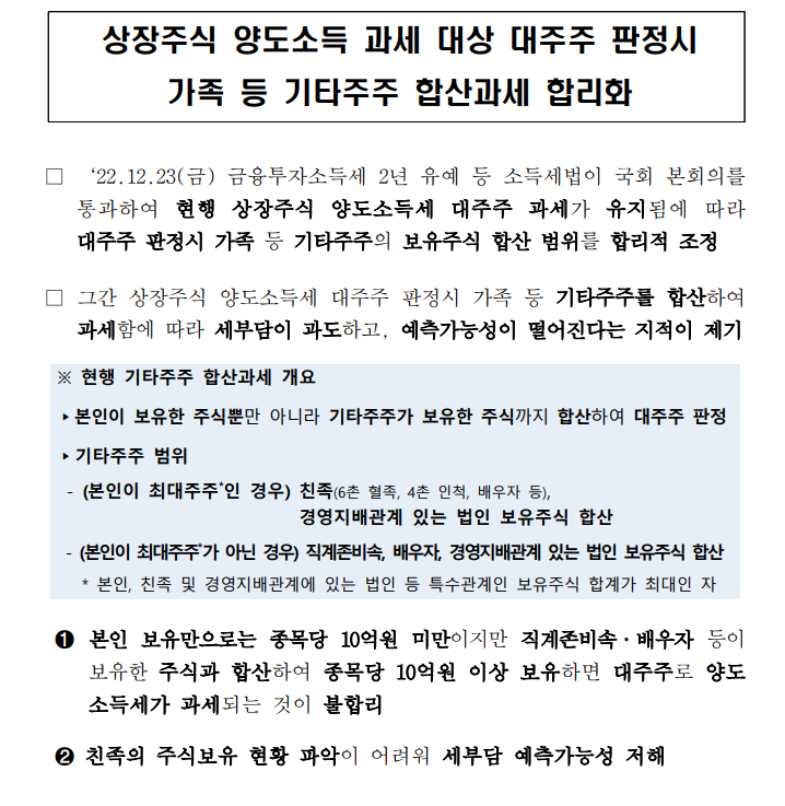  상장주식 양도소득 과세 대상 대주주 판정시 가족 등 기타주주 합산과세 합리화 - 2022.12.23