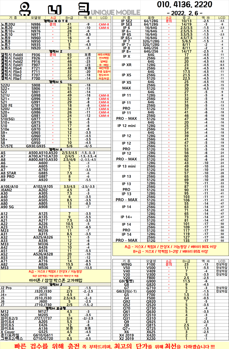  중고폰 단가표 / 중고폰 시세 2023년 02월 06일자
