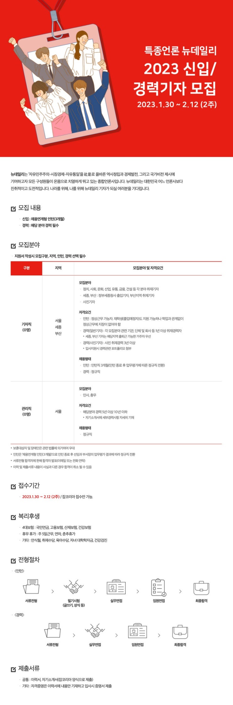  [채용공고] 뉴데일리 2023 신입/ 경력기자 모집