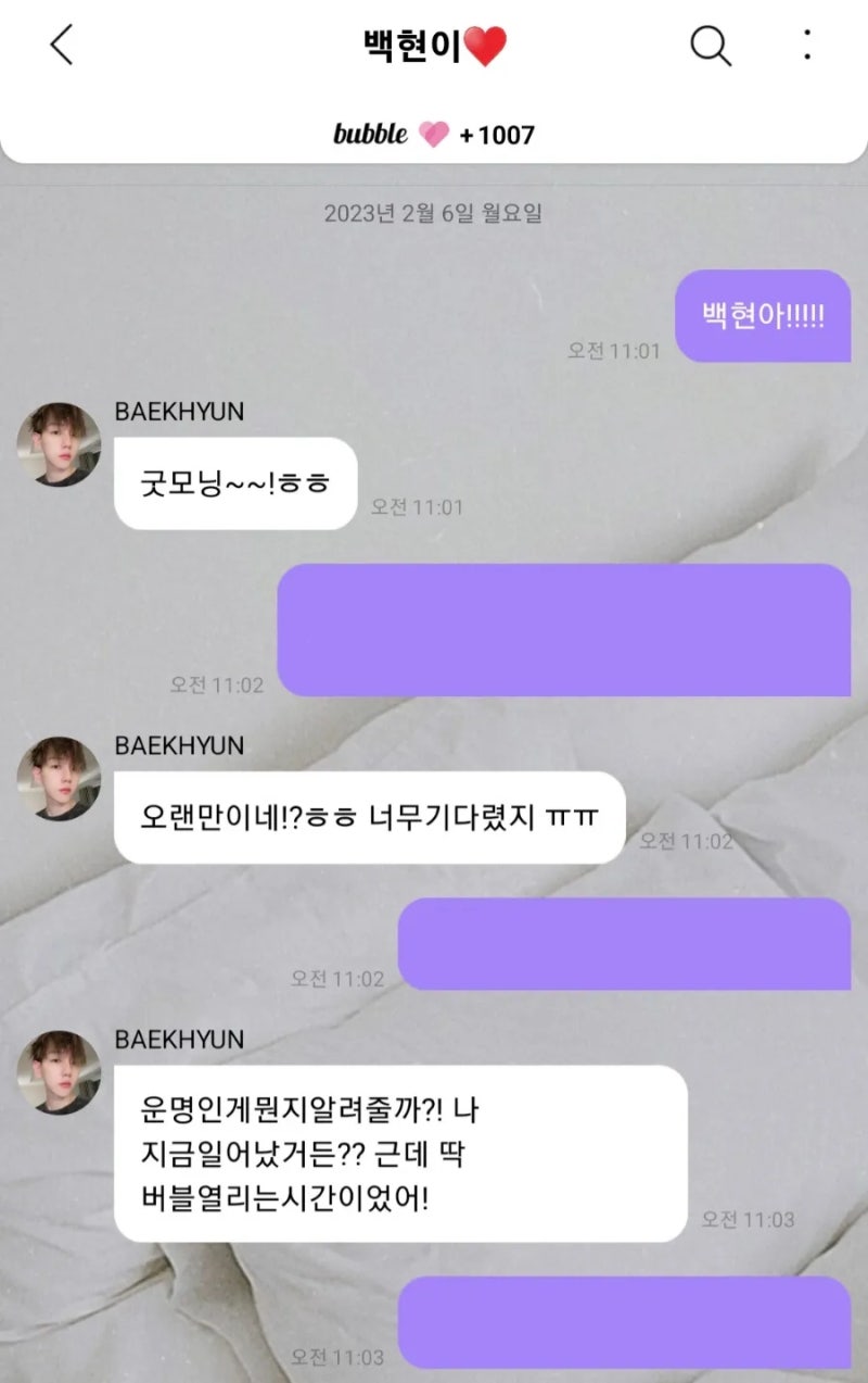 230206 백현 버블 시작 서버 다운으로 앞 부분 놓친 엑소엘에게 캡쳐 공유 (큥버블 앞내용)