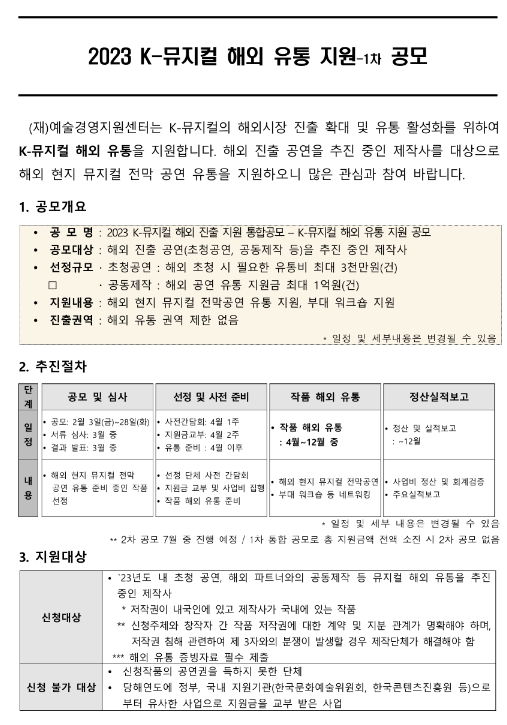 2023년 1차 Kㆍ뮤지컬 해외 유통 지원 공고 2023년 1차 Kㆍ뮤지컬 해외 유통 지원 공고