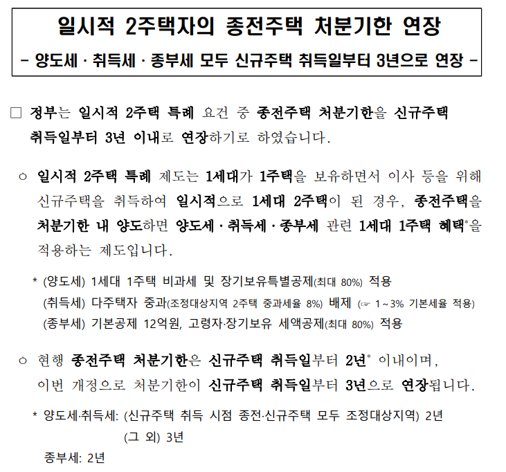  [종부세] 일시적 2주택자의 종전주택 처분기한 신규주택 취득일부터 3년으로 연장 - 2023.1.12부터 적용