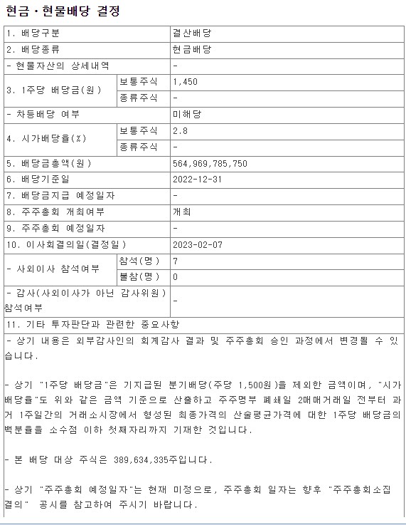  KB금융 배당금공시및 자사주소각공시