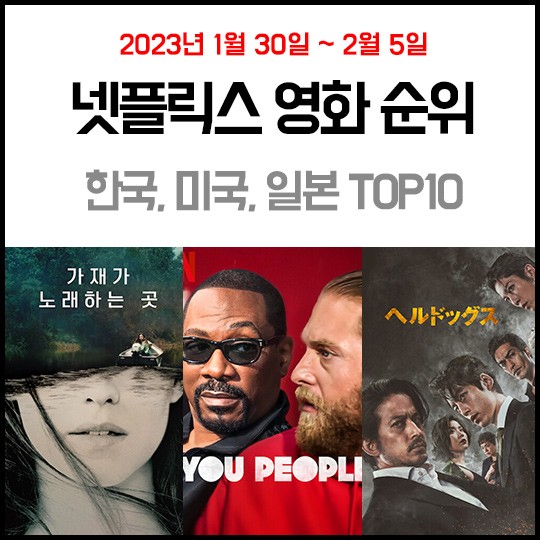 넷플릭스 한국, 미국, 일본 영화 순위 탑10 (2023.1.30.~2.5.)- 가재가 노래하는 곳, 유피플, 헬독스 : 네이버 블로그