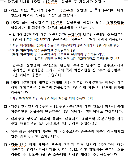  [양도세] 일시적 1주택+1입주권.분양권 등 처분기한 연장 -2023.1.26 기재부 발표 (적용시기 2월중 소득세법 시행령 개정 추진)