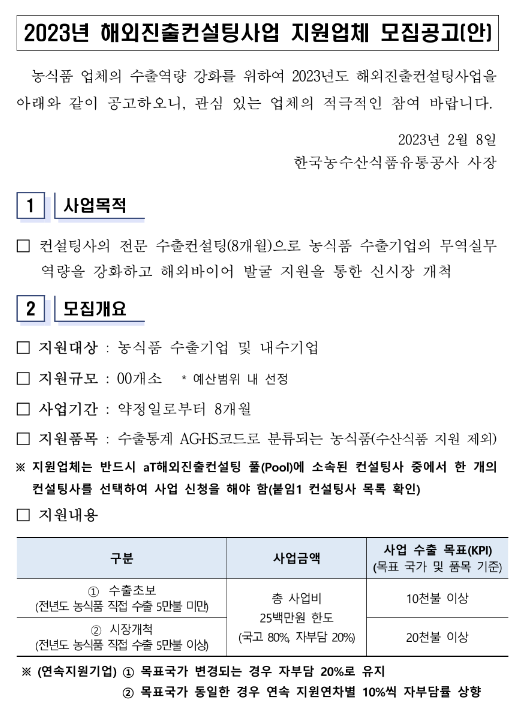 2023년 해외진출 컨설팅사업 지원업체 모집 공고