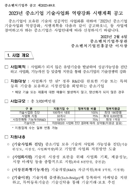 2023년 중소기업 기술사업화 역량강화 시행계획 공고