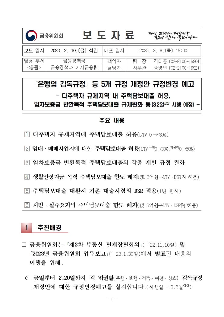  다주택자 규제지역 내 주택담보대출 허용,임차보증금 반환목적 주택담보대출 규제완화 등