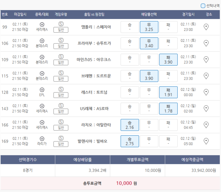  2월11일 세리에A 분데스리 EPL 라리가 축구 스포츠 토토 프로토 승부식 19회차 분석 기록용