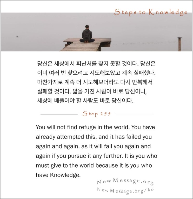 제 255 계단: 이 세상의 잘못 때문에 내가 그만두는 일은 없을 것이다 The errors of this world will not dissuade me. 제 255 계단: 이 세상의 잘못 때문에 내가 그만두는 일은 없을 것이다 The errors of this world will not dissuade me.