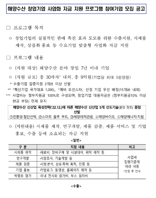 해양수산 창업기업 사업화 자금 지원(2023년 해양수산 창업ㆍ투자 지원사업 통합모집 공고) 해양수산 창업기업 사업화 자금 지원(2023년 해양수산 창업ㆍ투자 지원사업 통합모집 공고)