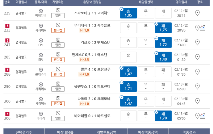 프로토 2/12일 일요일 경기 적중 몇장