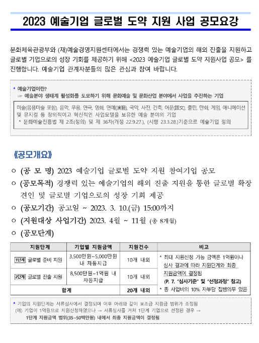 2023년 예술기업 글로벌 도약 지원사업 공고 2023년 예술기업 글로벌 도약 지원사업 공고