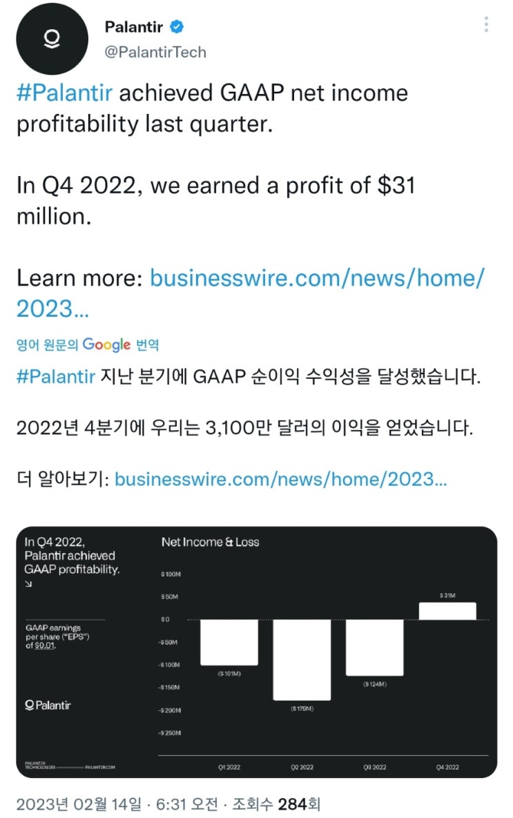  팔란티어 첫 흑자 분기