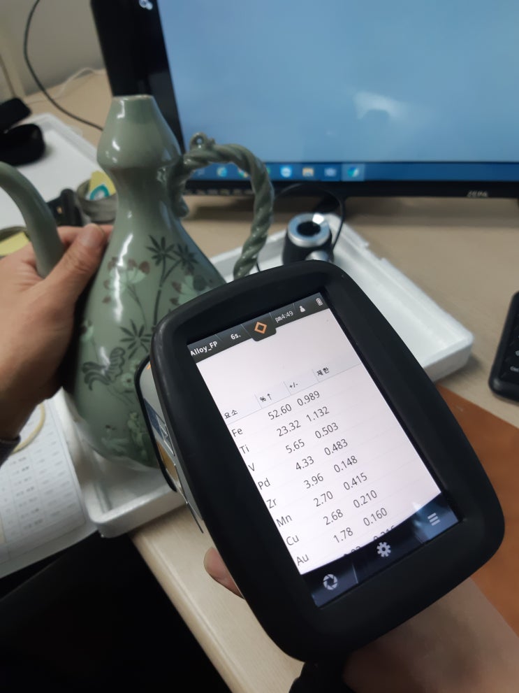 연구결과 공개 : 고움갤러리 소장 고려청자고려백자조선백자 總12점을 대상으로 금속 성분을 측정한 결과, 1점을 제외한 11점의 기물에서 1%~4%의 금(金, Au) 발견. 연구결과 공개 : 고움갤러리 소장 고려청자고려백자조선백자 總12점을 대상으로 금속 성분을 측정한 결과, 1점을 제외한 11점의 기물에서 1%~4%의 금(金, Au) 발견.