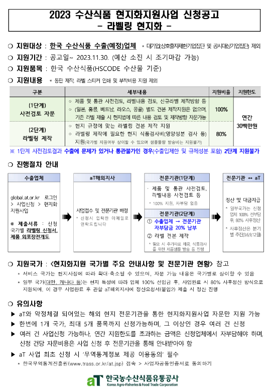 2023년 수산식품 현지화지원사업(라벨링 현지화) 신청 공고