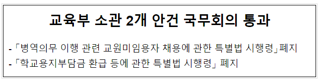 교육부 소관 2개 안건 국무회의 통과(병역의무 이행 관련 교원미임용자 채용에 관한 특별법, 학교용지부담금 환급 등에 관한 특별법)