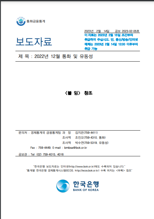  한국은행이 발표한 통화 및 유동성