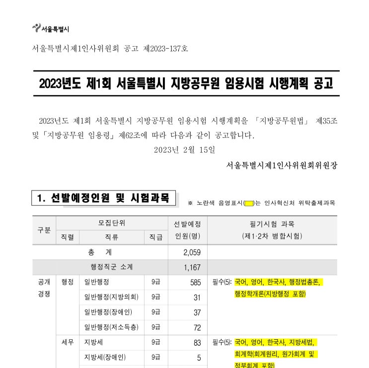  속보2023년 제1회 서울특별시 지방공무원 임용시험 시행계획 공고