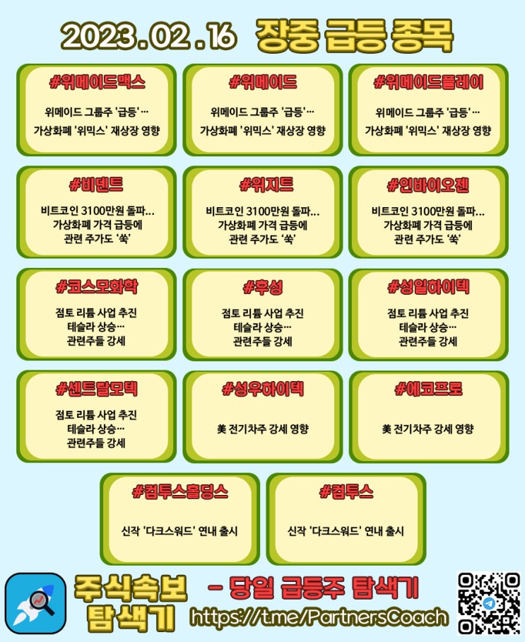  2023년 02월 16일 (목) 장중 급등종목