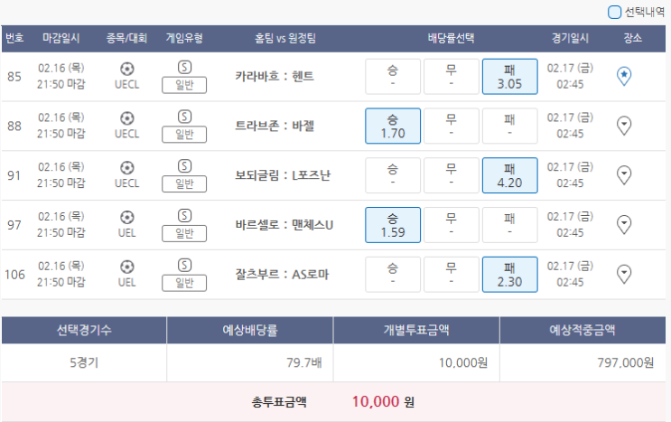  2월16일 UECL UEL 축구 스포츠 토토 프로토 승부식 21회차 분석 기록용