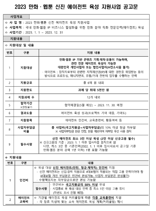 2023년 만화ㆍ웹툰 신진 에이전트 육성 지원사업 공고 2023년 만화ㆍ웹툰 신진 에이전트 육성 지원사업 공고