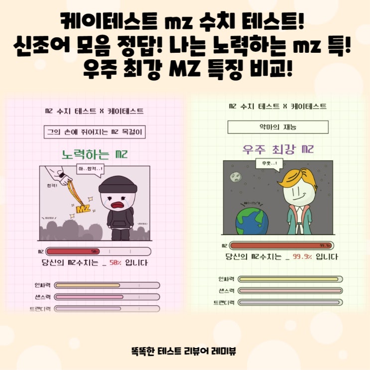 케이테스트 mz 수치 테스트! 신조어 모음 정답! 나는 노력하는 mz 특!  우주 최강 MZ 특징 비교!