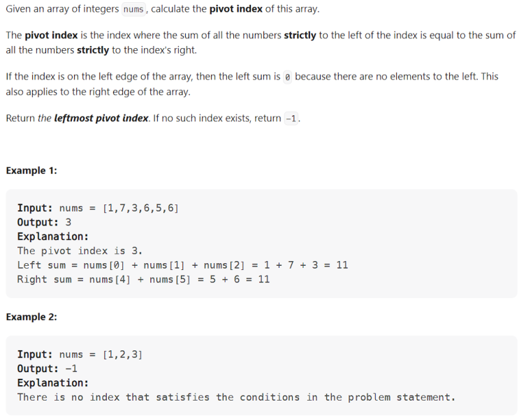  JAVA_Find Pivot Index_LeetCode 724