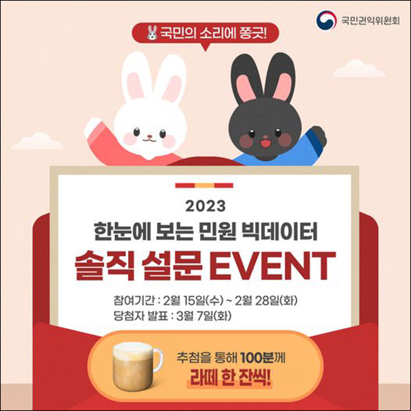 국민권익위원회 민원 빅데이터 설문조사(스벅라떼 100명)추첨 국민권익위원회 민원 빅데이터 설문조사(스벅라떼 100명)추첨