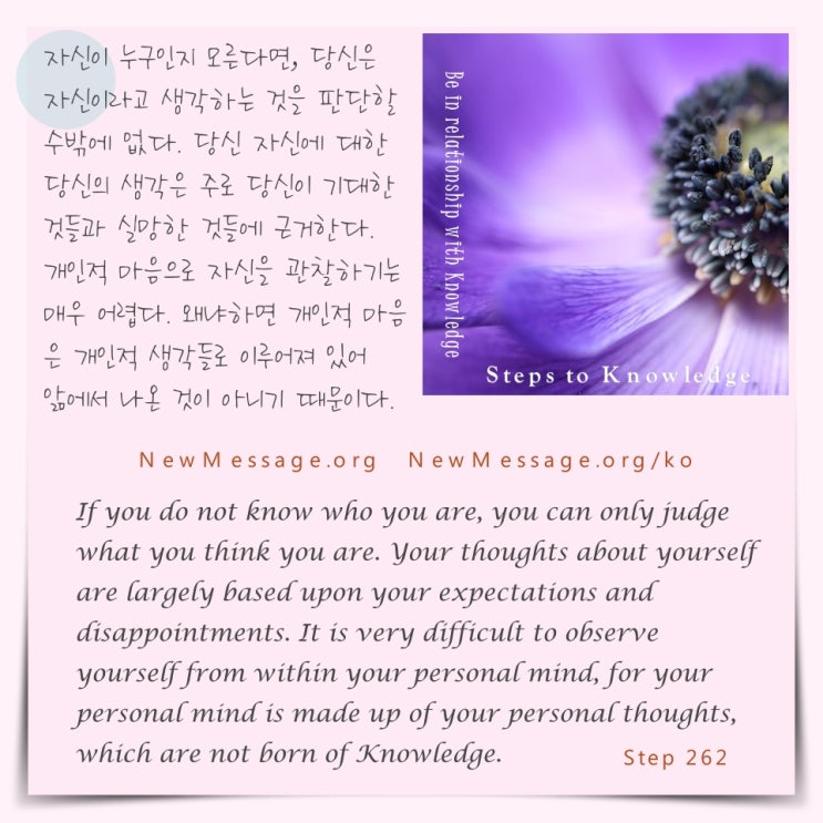 제262계단: 내가 누구인지 모른다면 어떻게 나 자신을 판단할 수 있겠는가? How can I judge myself when I do not know who I am? 제262계단: 내가 누구인지 모른다면 어떻게 나 자신을 판단할 수 있겠는가? How can I judge myself when I do not know who I am?