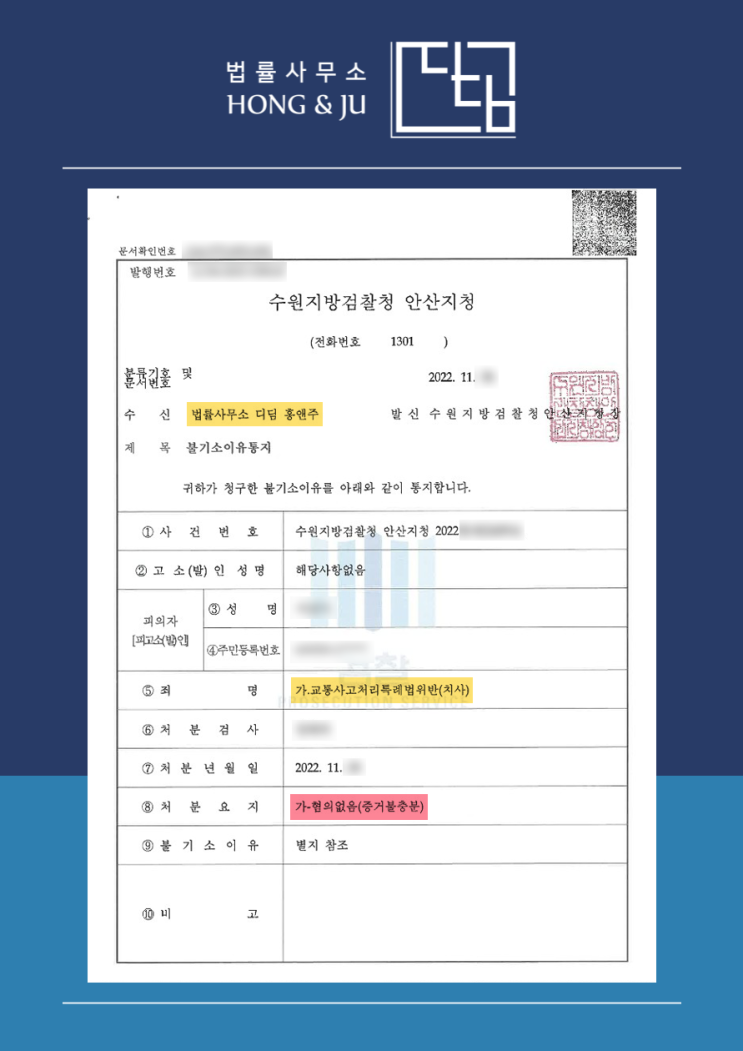  [무혐의] 교통사고처리특례법위반(치사) 불기소 처분