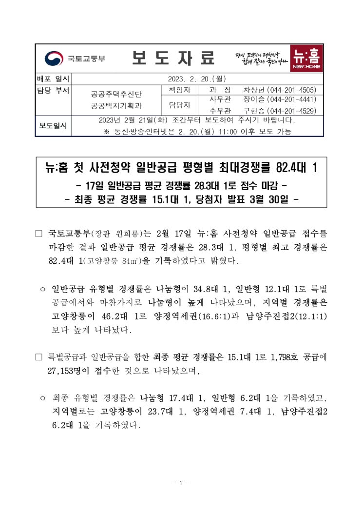  뉴:홈 첫 사전청약 일반공급 평형별 최대경쟁률 82.4대 1
