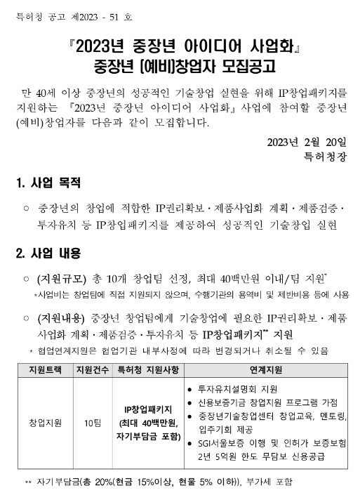 2023년 중장년 아이디어 사업화 (예비)창업자 모집 공고