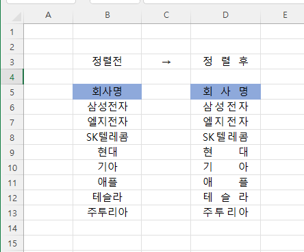  [EXCEL] 글자 간격 자동으로 맞추기, 한번에 깔끔하게 정렬하는 방법, 균등분할 맞춤.
