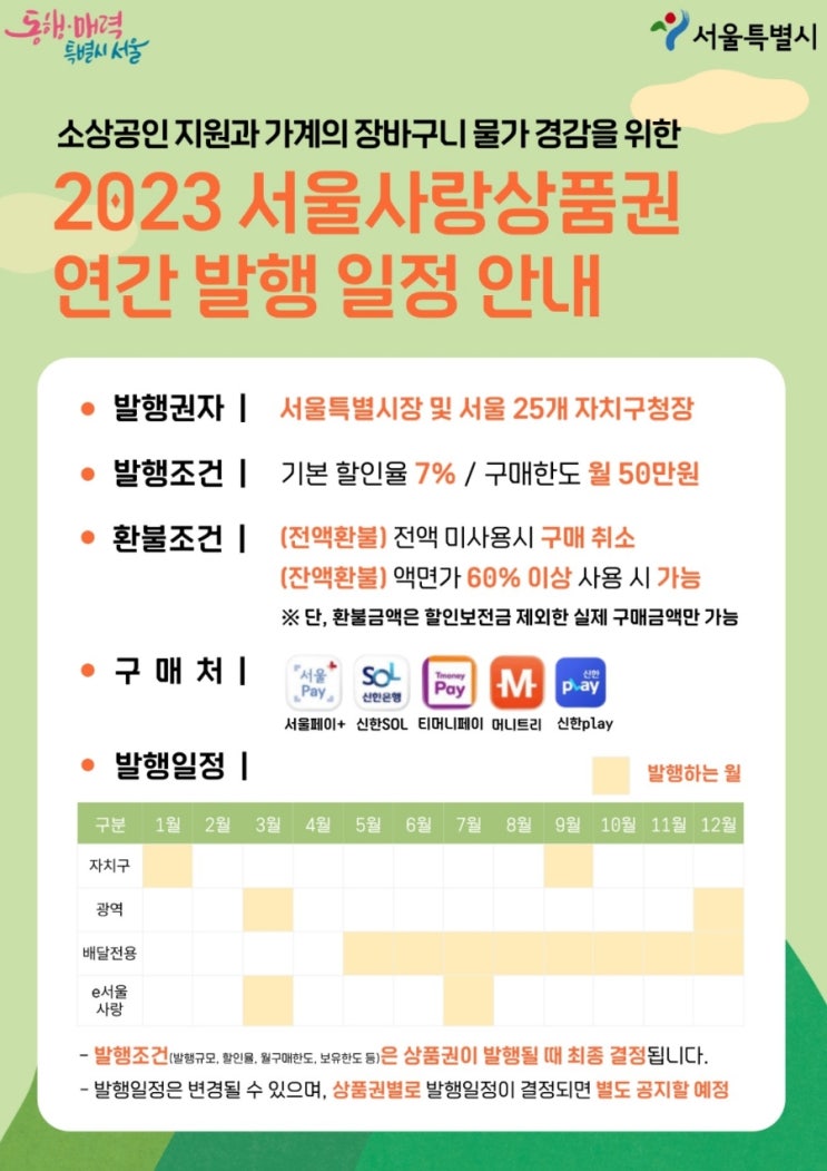 [서울페이] 2023년 서울사랑상품권 연간 발행 일정 안내 (수정)