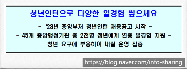 청년인턴 채용공고 시작 - 45개 중앙행정기관 총 2천명 모집