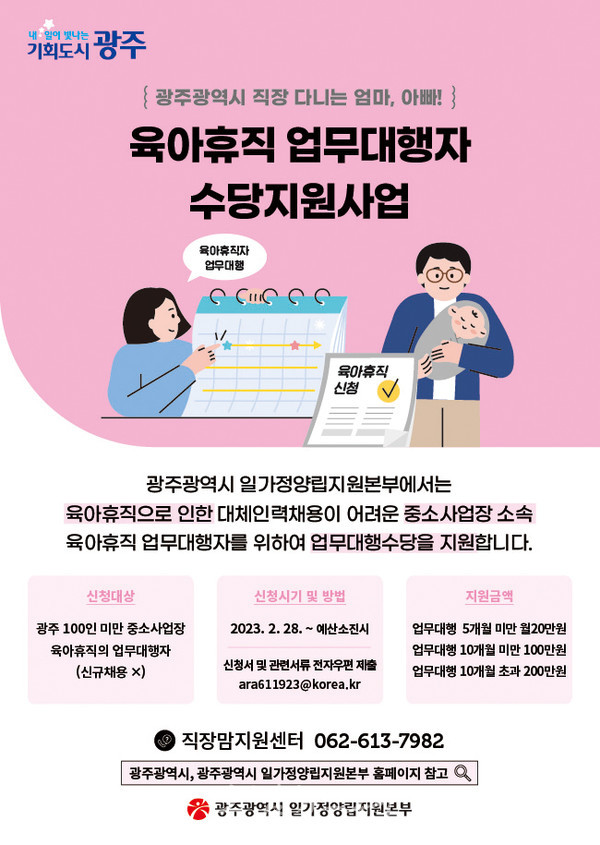  광주광역시, 28일부터 “광주만의 육아휴직 업무대행수당 신청하세요”