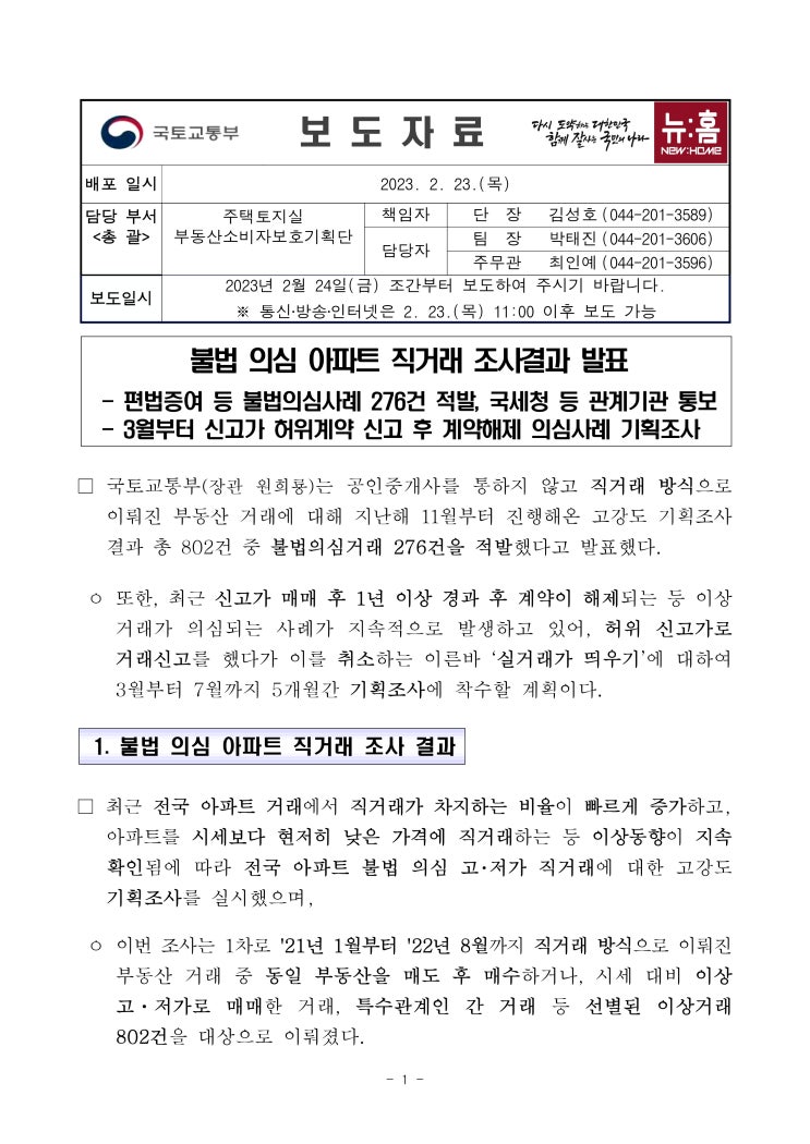  불법 아파트 직거래 조사결과 발표
