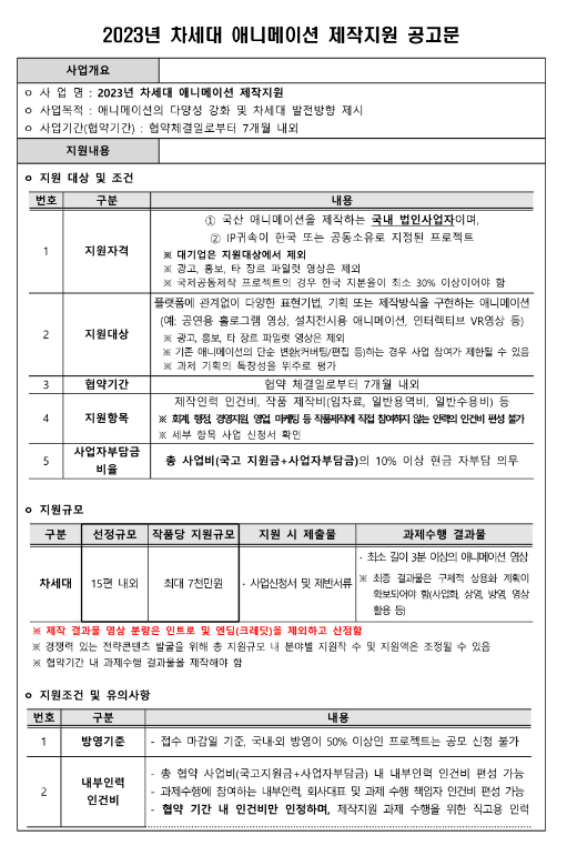 2023년 차세대 애니메이션 제작 지원사업 모집 공고 2023년 차세대 애니메이션 제작 지원사업 모집 공고