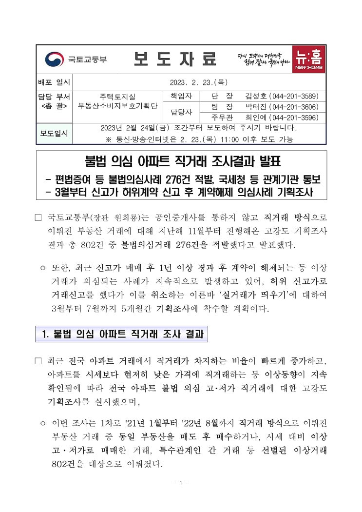 불법 의심 아파트 직거래 조사결과 : 276건 적발 불법 의심 아파트 직거래 조사결과 : 276건 적발