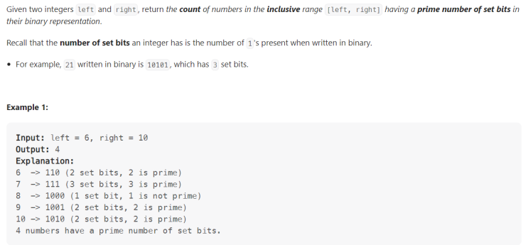 JAVA_Prime Number of Set Bits in Binary Representation_LeetCode 762
