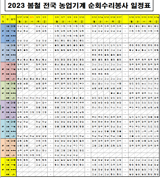 ‘23.2.27~3.24일까지, 전국 88개 시‧군에서 순회 수리, 봄철 전국 농업기계 순회수리봉사 실시 ‘23.2.27~3.24일까지, 전국 88개 시‧군에서 순회 수리, 봄철 전국 농업기계 순회수리봉사 실시
