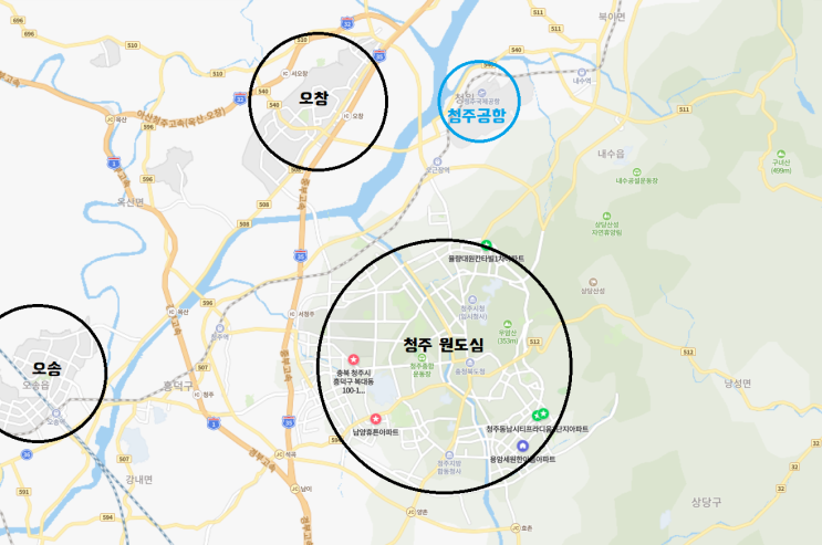  청주 오창, 오창1산단, 입지 및 인프라, 아파트 단지