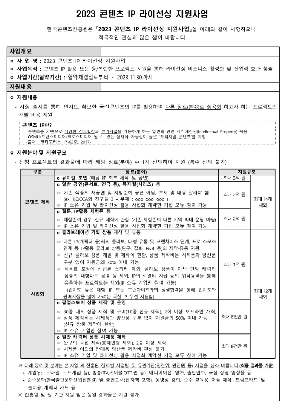 2023년 콘텐츠 IP 라이선싱 지원사업 공고 2023년 콘텐츠 IP 라이선싱 지원사업 공고