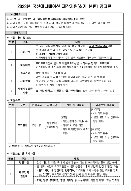 2023년 국산애니메이션 제작(초기 본편) 지원사업 공고 2023년 국산애니메이션 제작(초기 본편) 지원사업 공고